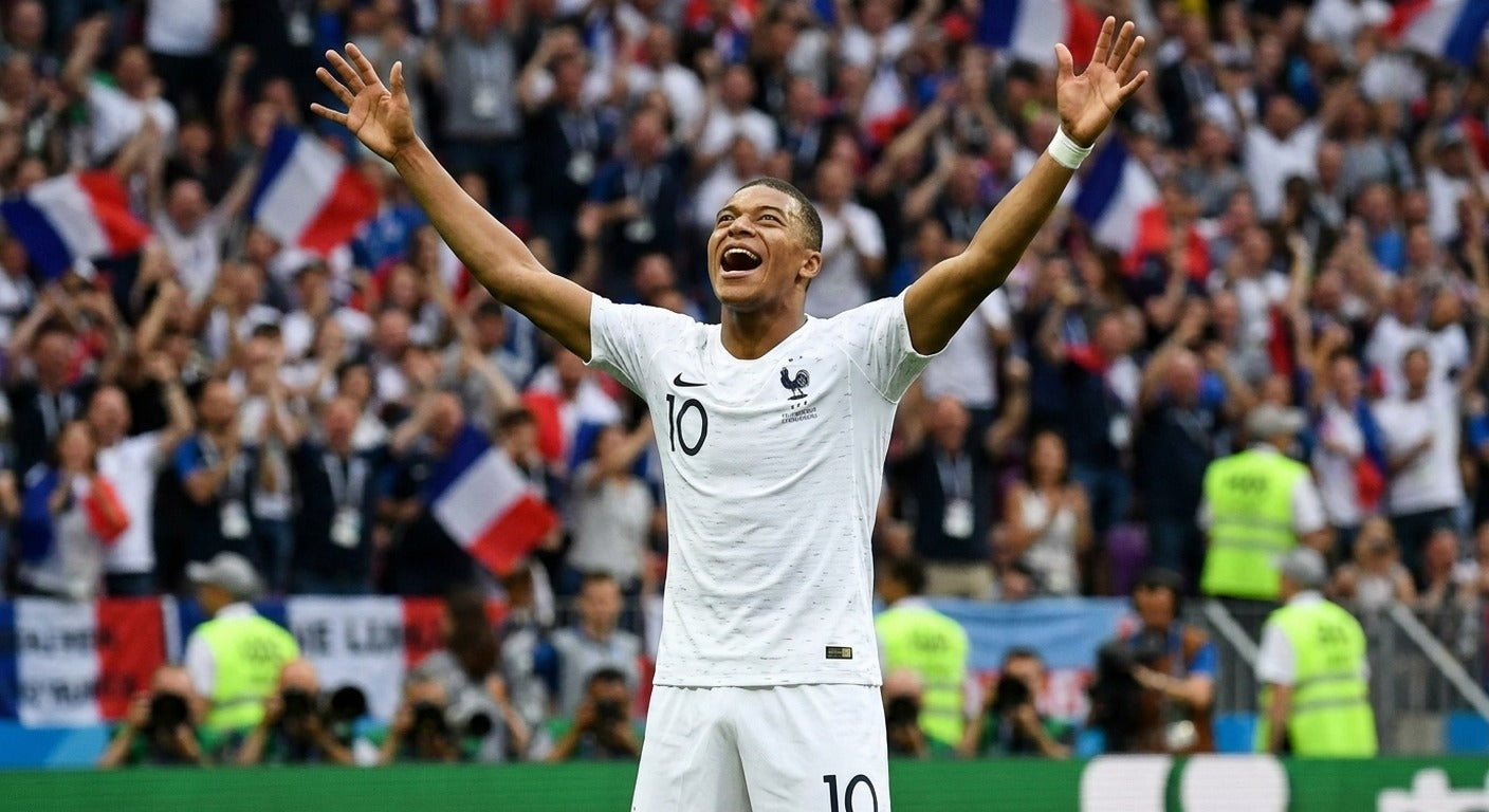 Kylian Mbappe celebrating in the France 2018 away shirt