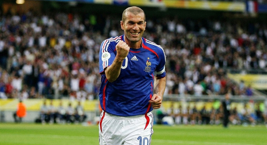 Zinedine Zidane celebrating in the France 2006 home shirt
