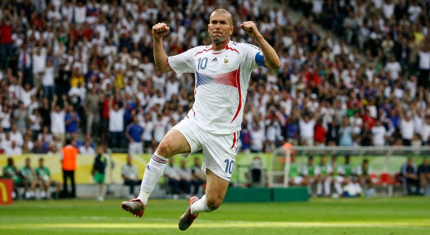 Zinedine Zidane celebrating in the France 2006 away shirt