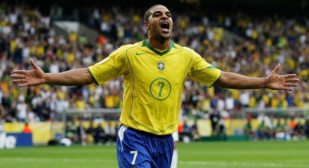 Adriano celebrating in the Brazil 2004 home shirt