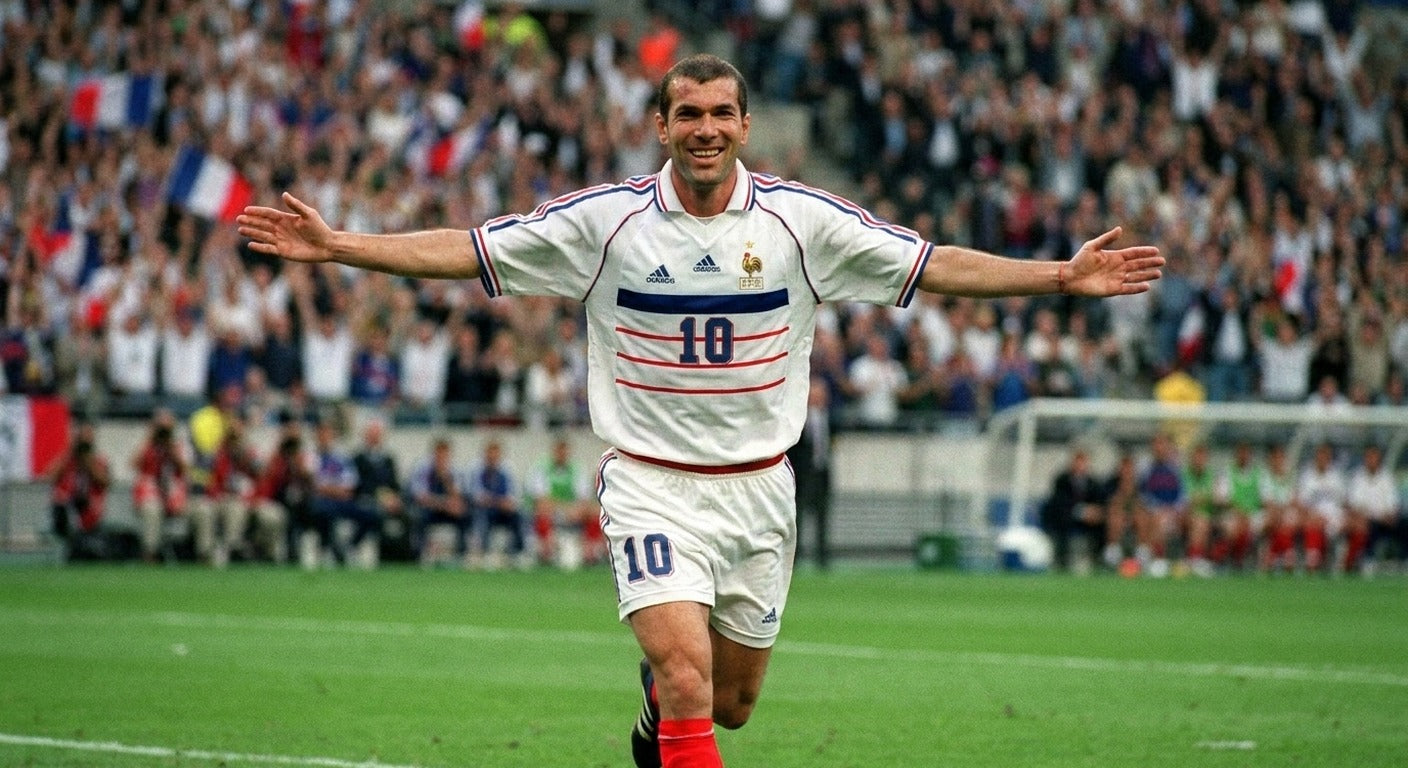 Zinedine Zidane celebrating in the France 1998 away shirt