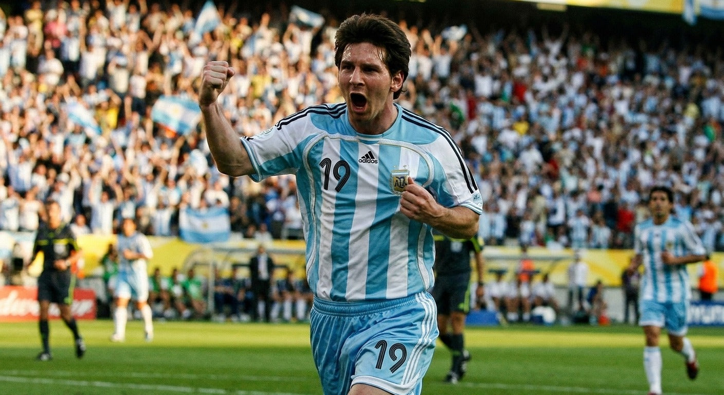 Lionel Messi celebrating in the Argentina 2006 home shirt