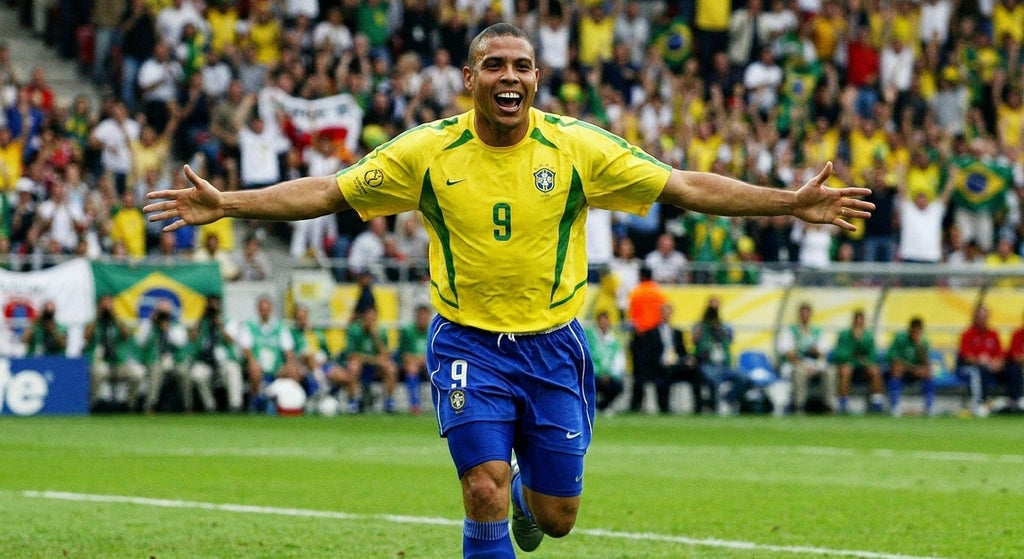 Ronaldo celebrating in the Brazil 2002 home shirt