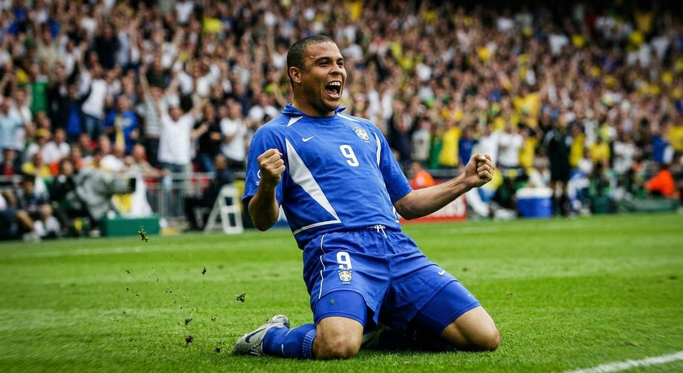 Ronaldo celebrating in the Brazil 2002 away shirt
