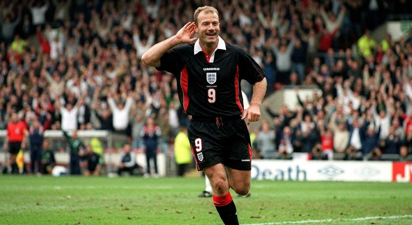 Alan Shearer celebrating in the England 1998 away shirt