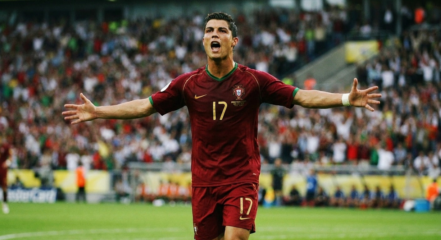 Cristiano Ronaldo celebrating in the Portugal 2006 home shirt