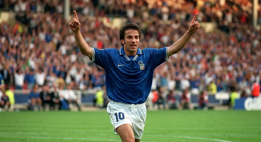 Alessandro Del Piero celebrating in the Italy 1996 home shirt