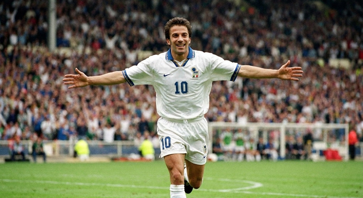Alessandro Del Piero celebrating in the Italy 1996 away shirt
