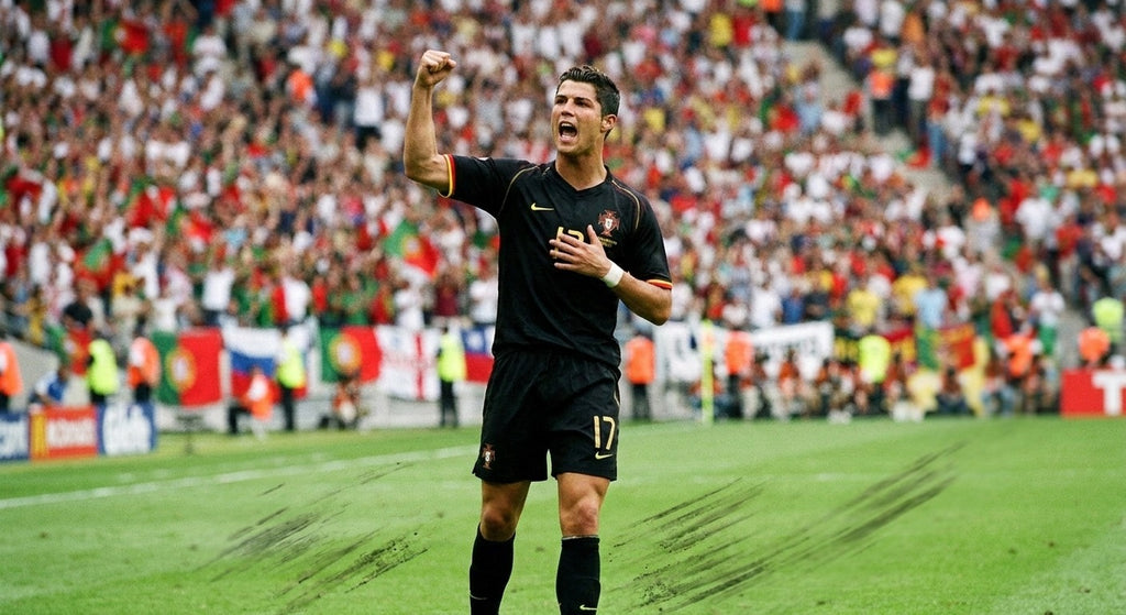 Cristiano Ronaldo celebrating in the Portugal 2006 away shirt