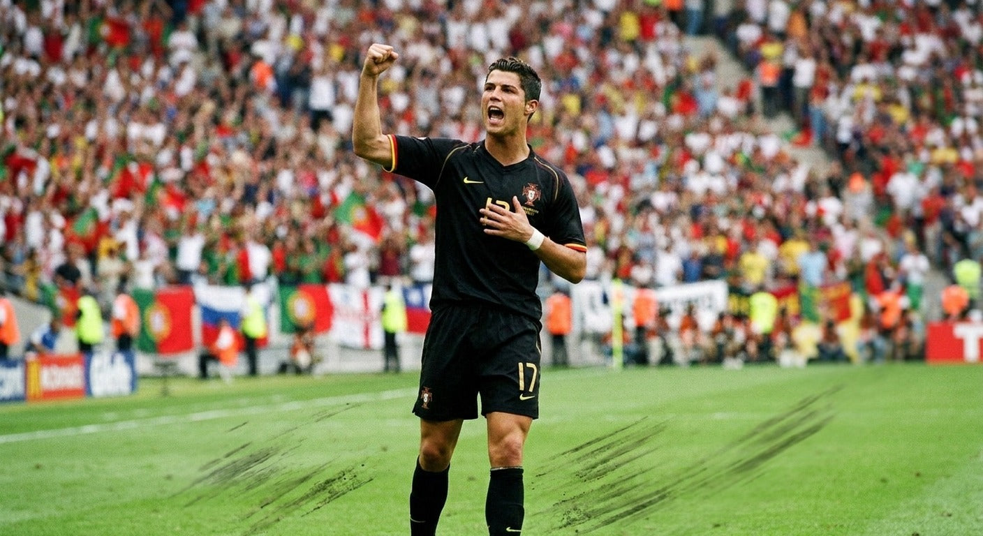 Cristiano Ronaldo celebrating in the Portugal 2006 away shirt