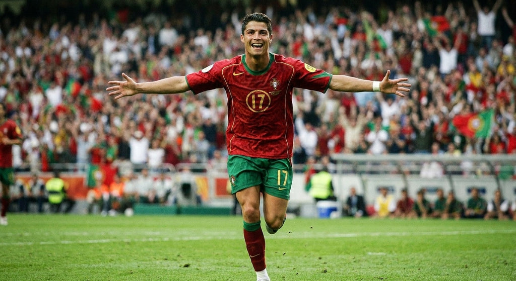 Cristiano Ronaldo celebrating in the Portugal 2004 home shirt