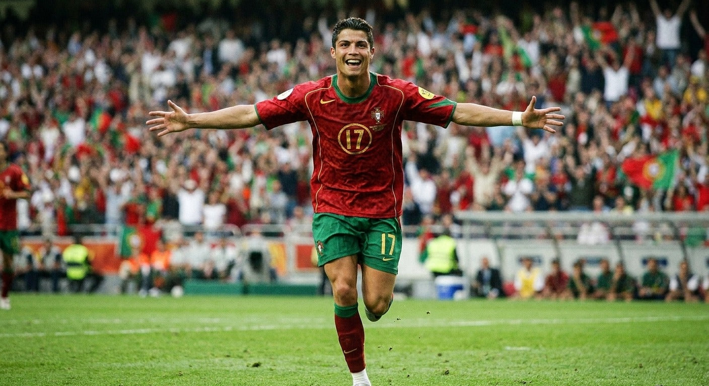 Cristiano Ronaldo celebrating in the Portugal 2004 home shirt