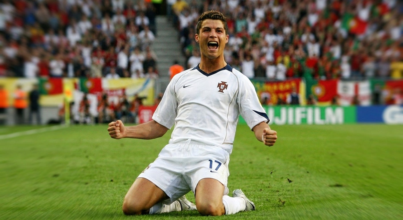 Cristiano Ronaldo celebrating in the Portugal 2004 away shirt
