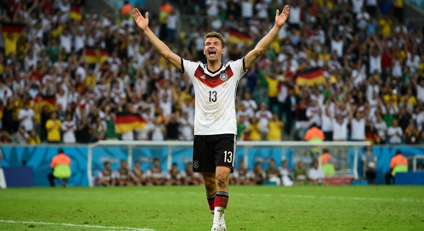 Thomas Muller celebrating in the Germany 2014 home shirt