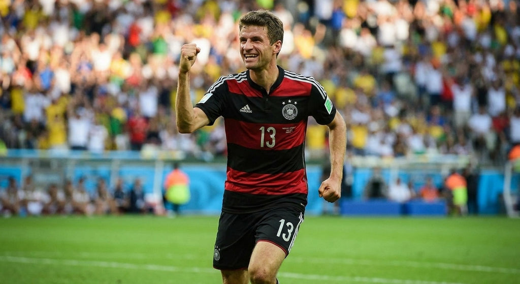 Thomas Muller celebrating in the Germany 2014 away shirt