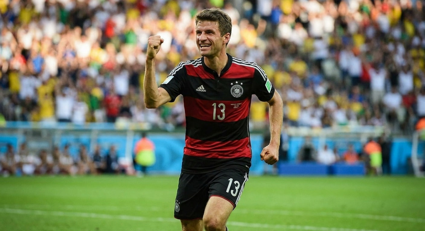 Thomas Muller celebrating in the Germany 2014 away shirt