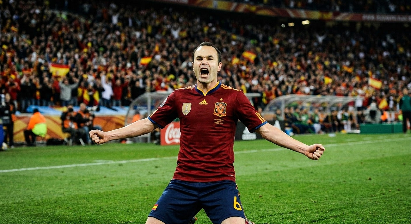 Andres Iniesta celebrating in the Spain 2010 home shirt