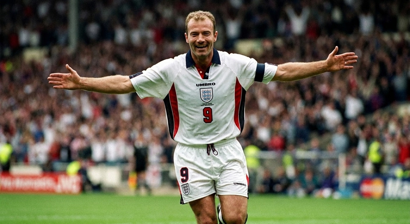 Alan Shearer celebrating in the England 1998 home shirt