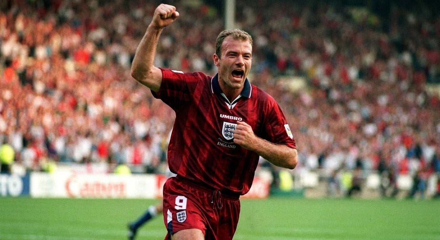 Alan Shearer celebrating in the England 1998 away shirt
