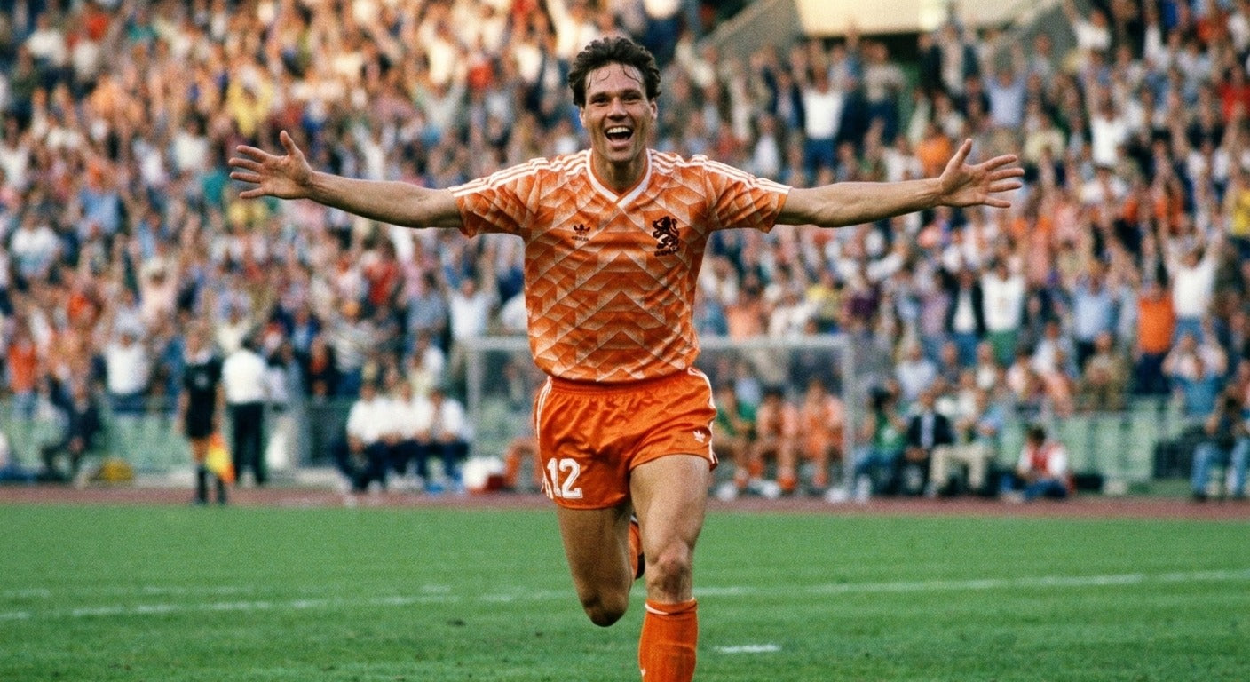 Marco van Basten celebrating in the Netherlands 1988 home shirt