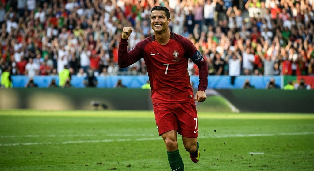 Cristiano Ronaldo celebrating in the Portugal 2016 home shirt