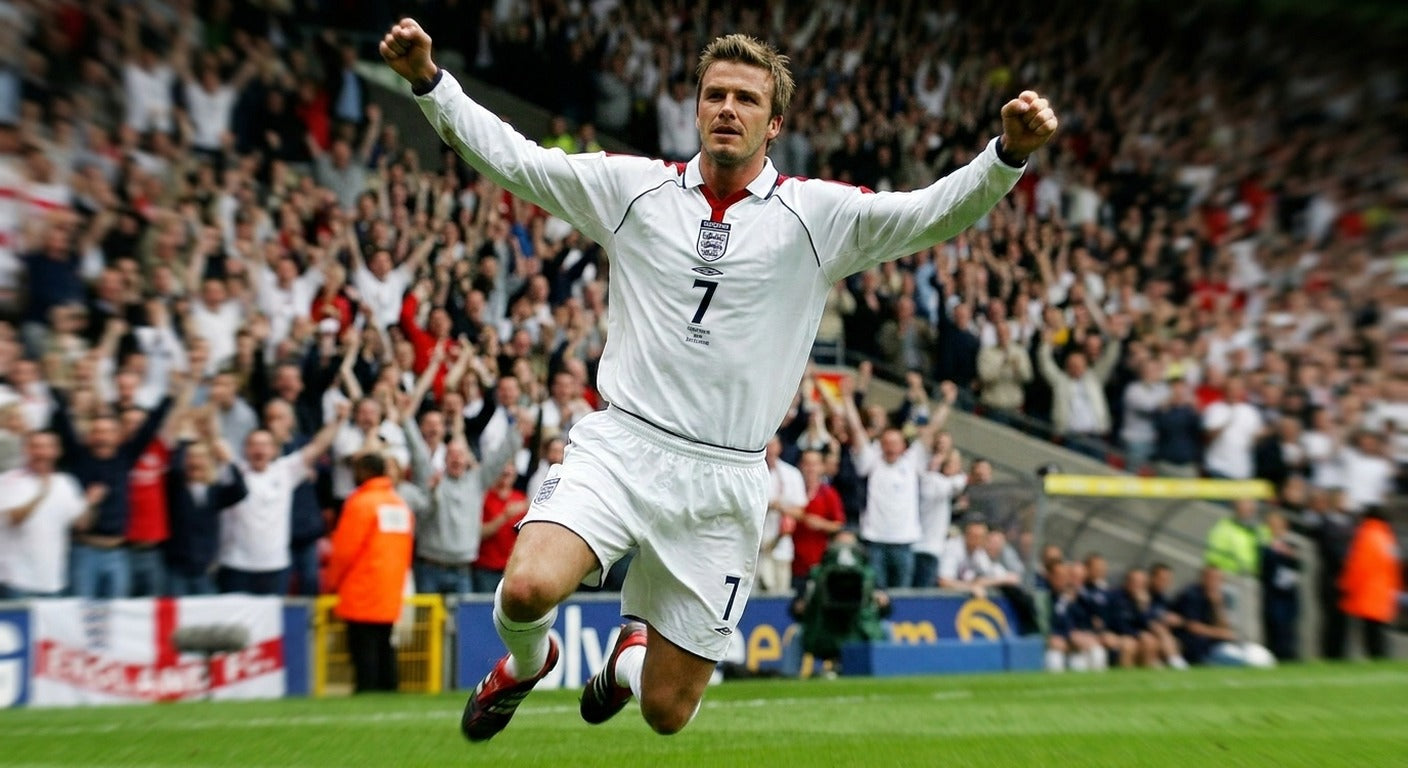 David Beckham celebrating in the England 2004 home shirt