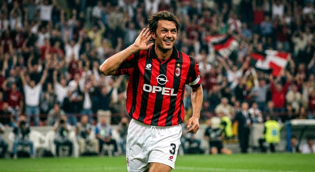 Paolo Maldini celebrating in the AC Milan 1997/98 home shirt