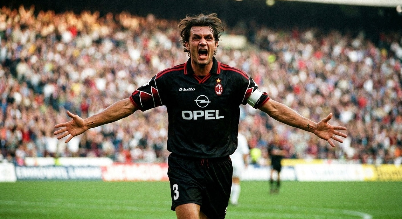 Paolo Maldini celebrating in the AC Milan 1997/98 black away shirt