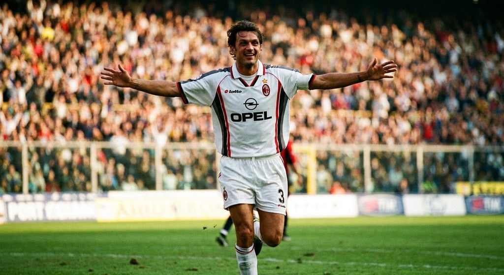 Paolo Maldini celebrating in the AC Milan 1997/98 white away shirt