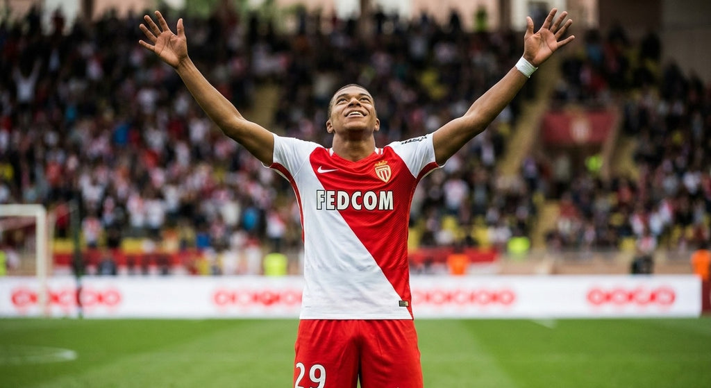 Kylian Mbappe celebrating in the AS Monaco 2016/17 home shirt