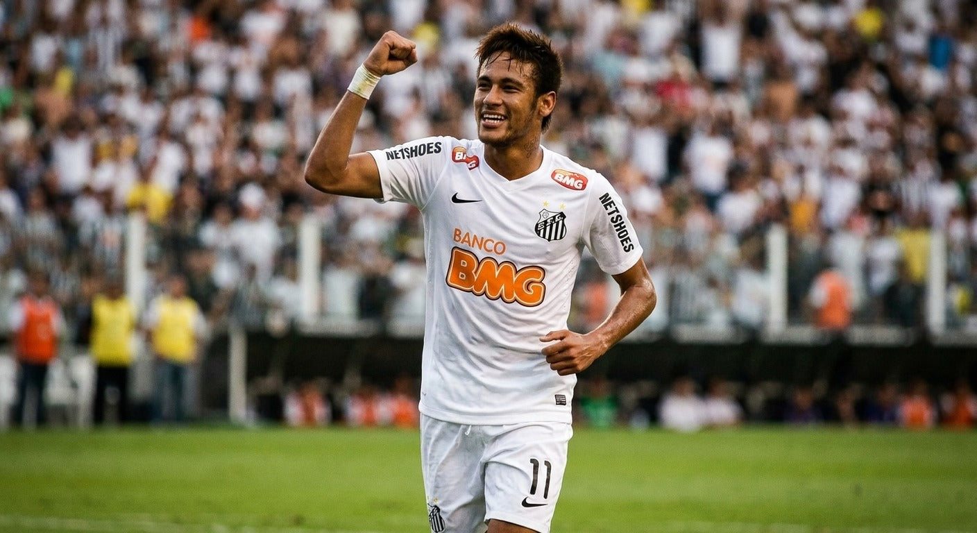 Neymar Jr celebrating in the Santos 2012/13 home shirt