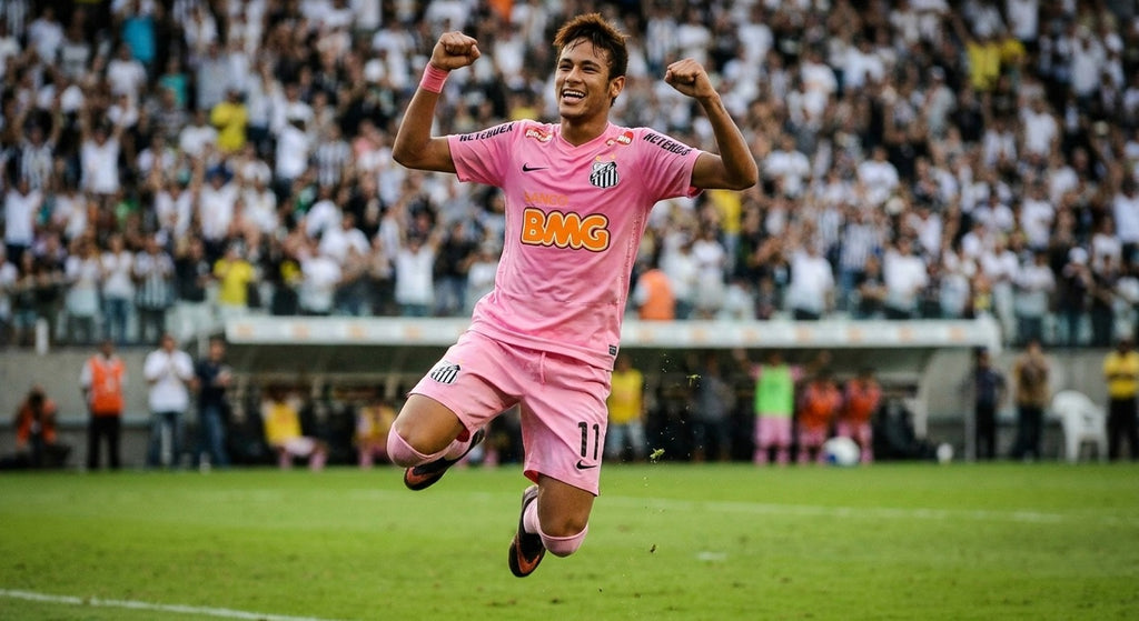 Neymar Jr celebrating in the Santos 2012/13 pink shirt