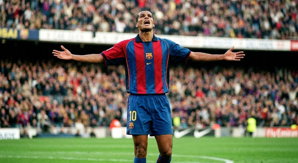 Rivaldo celebrating in the FC Barcelona 2001/02 home shirt