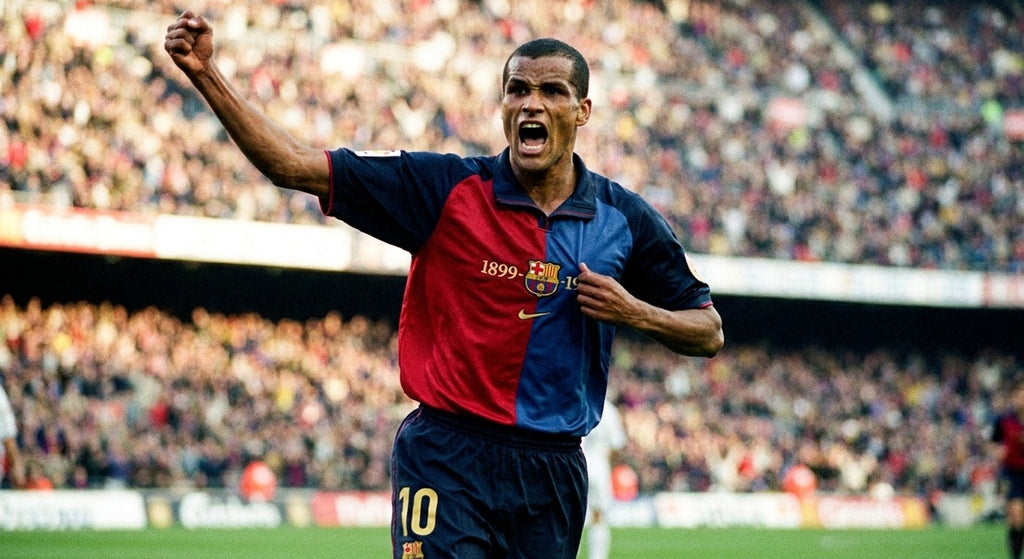 Rivaldo celebrating in the FC Barcelona 1999/00 home shirt